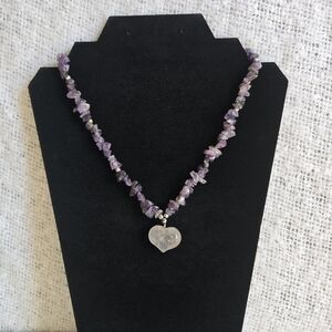 Amethyst Chip Bead Necklace With Stone Heart Pendant